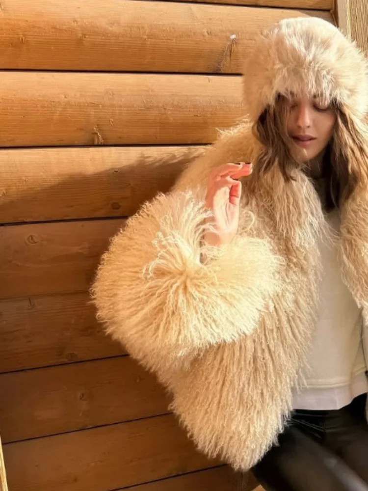 Gelbe Luxus-Kunstpelzmäntel für Damen, Revers, lange Ärmel, warm, verdickt, Winterjacken, 2025, neue weibliche tägliche lässige Straßenoberbekleidung