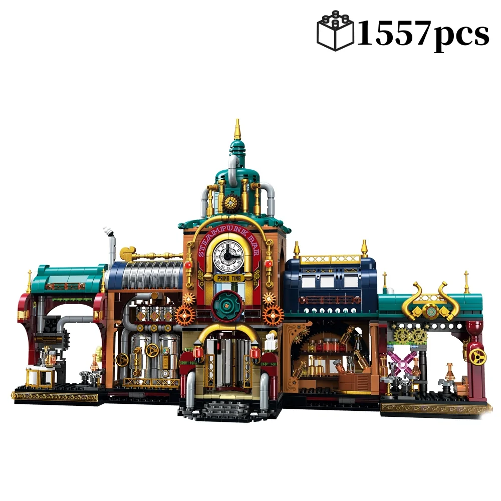 1557pcs Creative Street View Steam Punk Architectures Building Bricks Steampunk Bar Mini Block Model Toys Collection For Gifts
