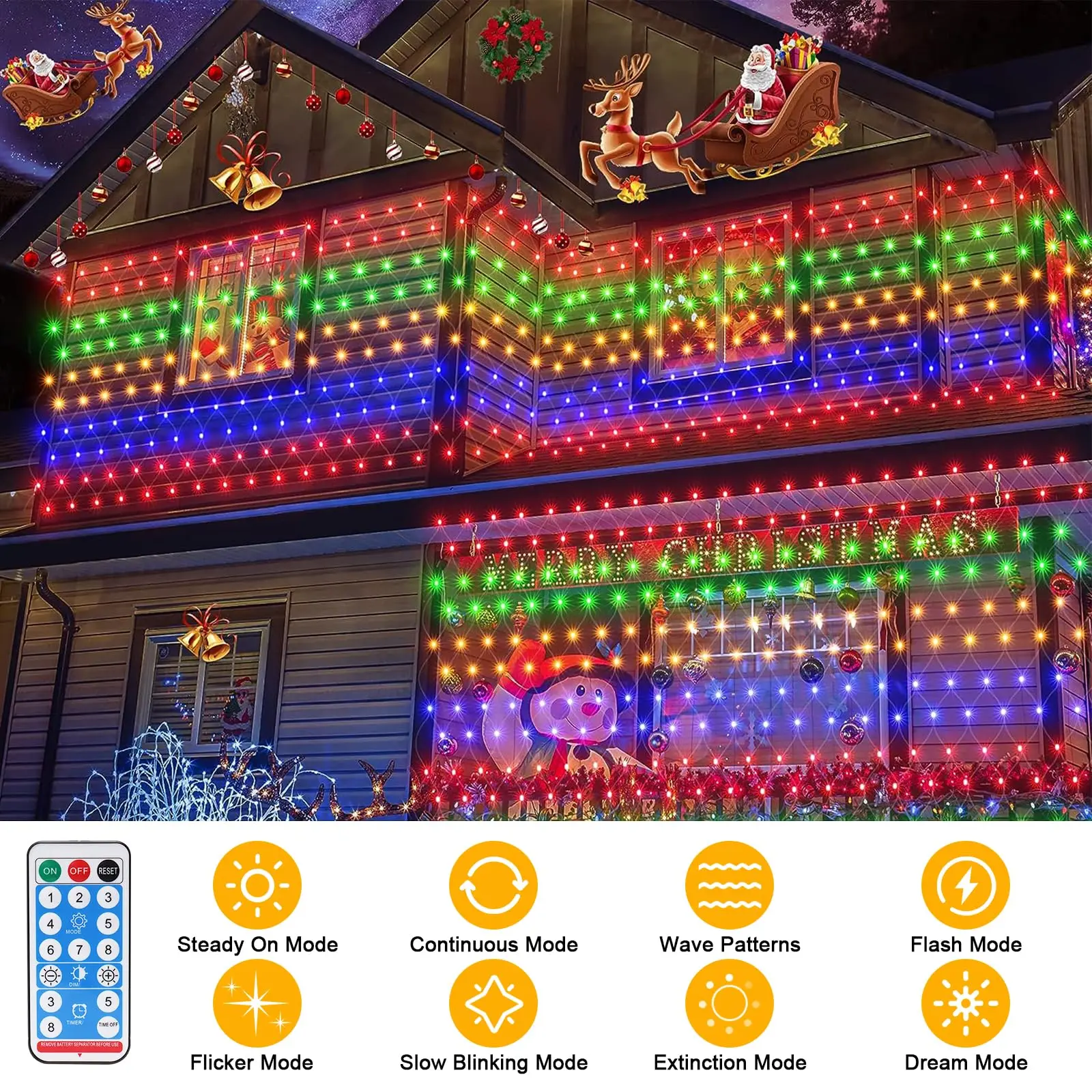 ไฟคริสต์มาสโซลาร์เซลล์แบบตาข่าย ไฟโซลาร์เซลล์กลางแจ้ง 8 โหมด รีโมทตั้งเวลา โคมไฟกันน้ำ สำหรับตกแต่งสวน สนามหญ้า พุ่มไม้ ต้นไม้