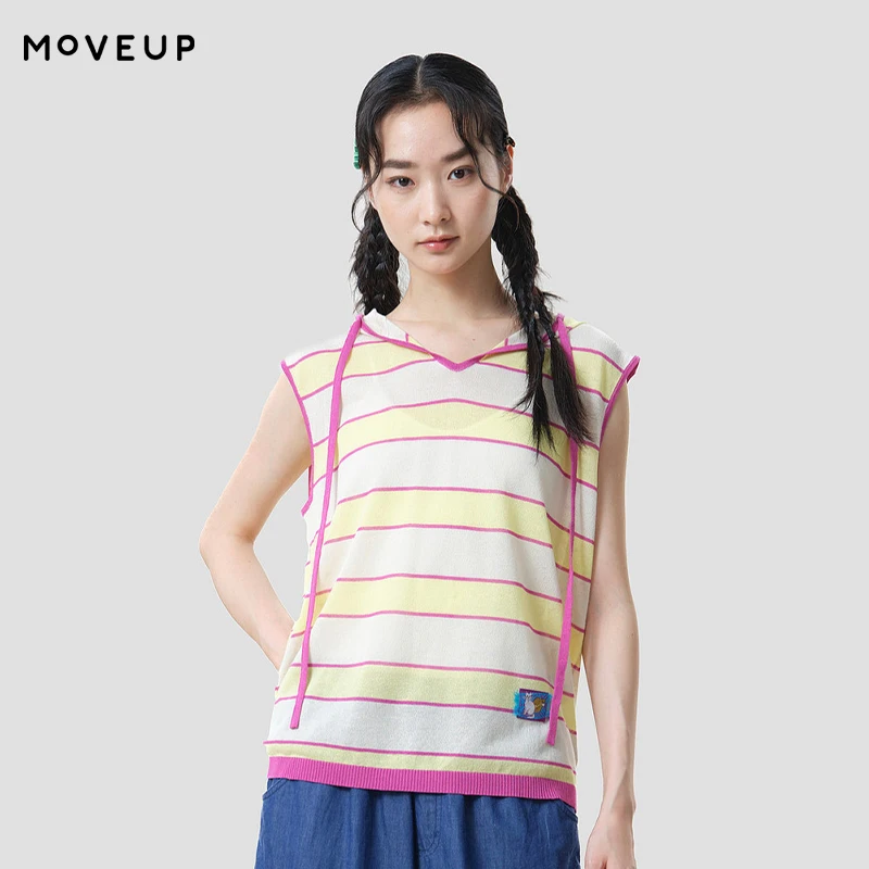 MOVEUP Commuter Tank Top 2026 Summer New Color Contrast Stripe Fun Weaving Label Hooded Lightweight Top For Women 3ELX31001