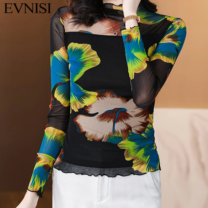 EVNISI Women Green Chic Floral Printing Chiffon Blouse Mock Neck Elegant Office Long Sleeved Tops Casual For Women Slim Shirt