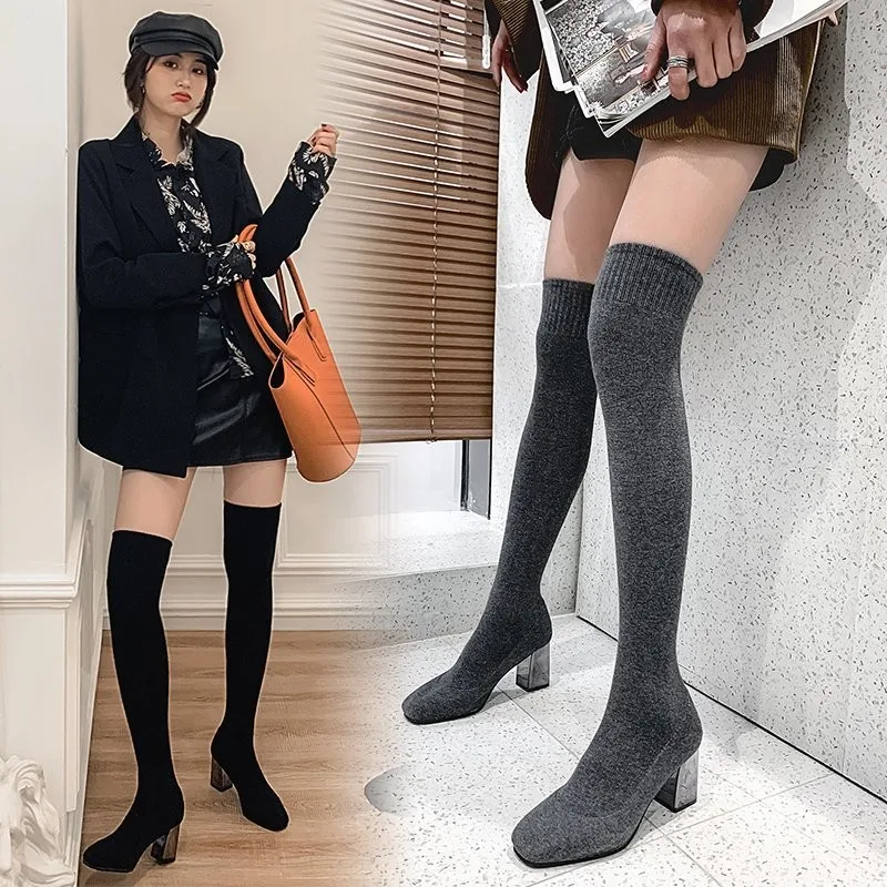 Breathable Comfortable Shoes Long Tight Boots Low Heels Lady Over The Knee High Boot Women Stretch Sock Boots