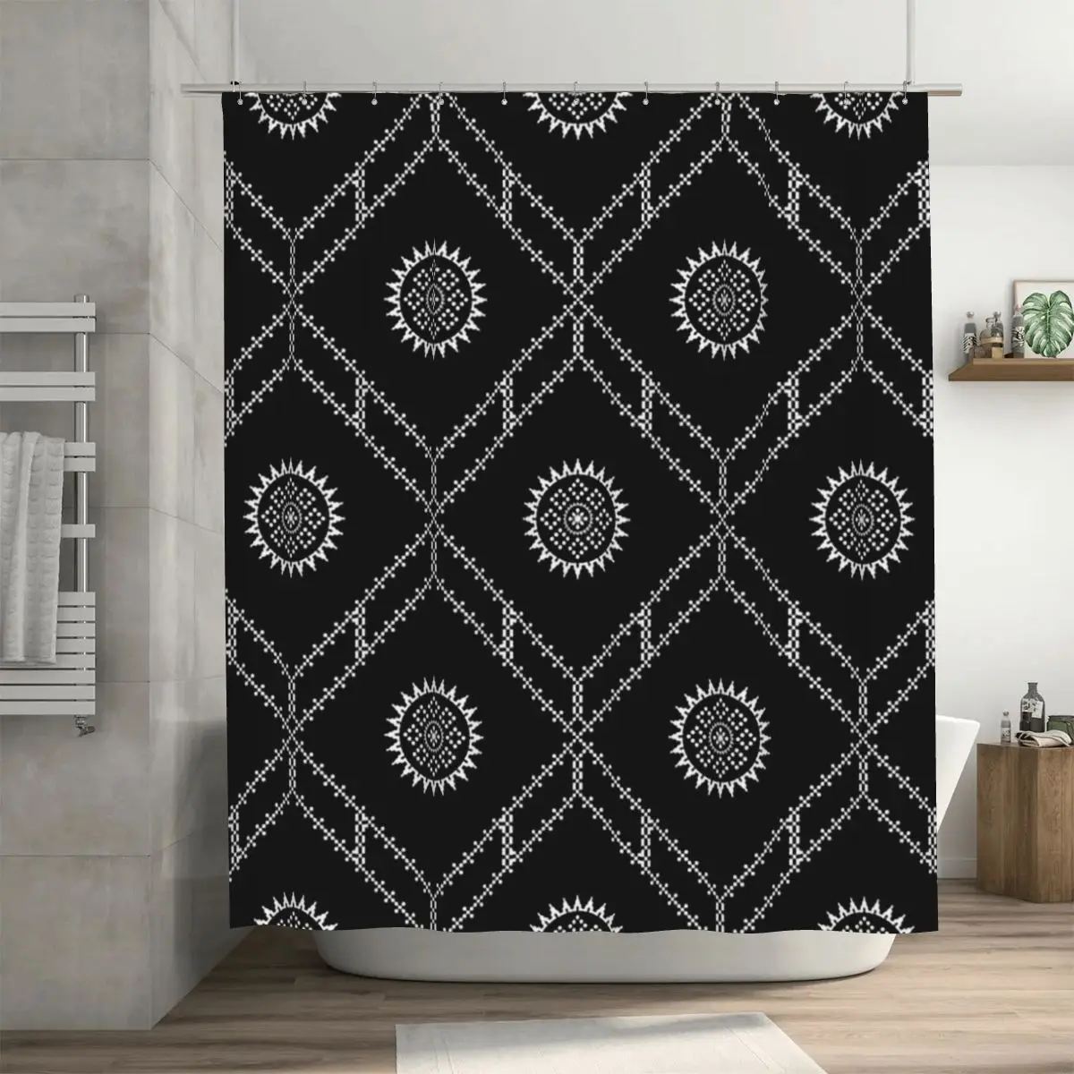 Monochrome Pixel Mandala Hexagon Seamless Pattern Shower Curtain Bathroom Polyester Waterproof Bath Curtains with Hooks