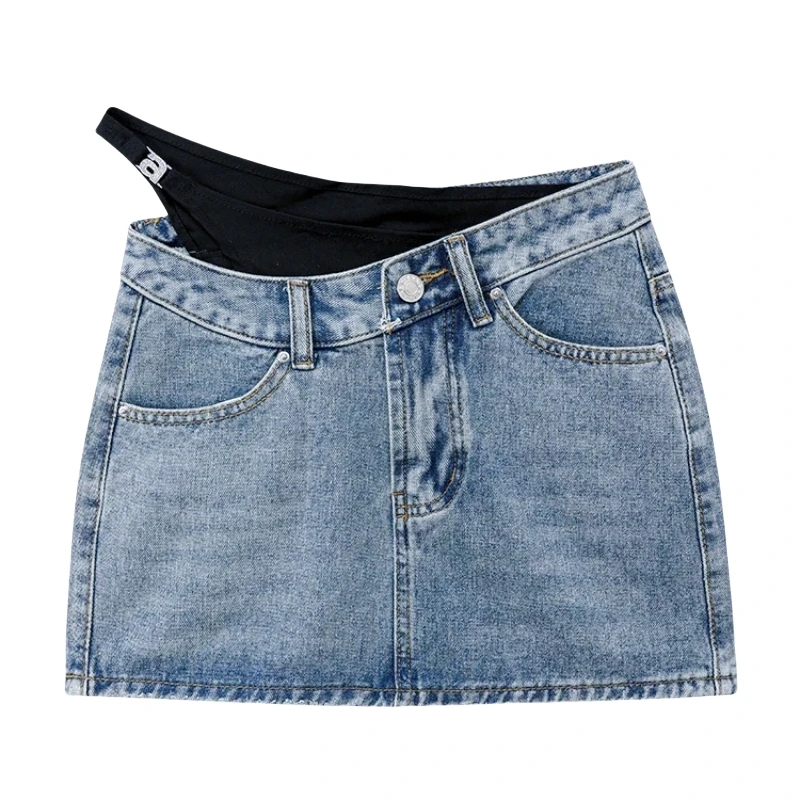

a Letter Luxury Brand Design Fake Two Pieces Denim Short Mini Skirt For Women Sexy Y2k Wang's Style Minifalda Dress Clothes