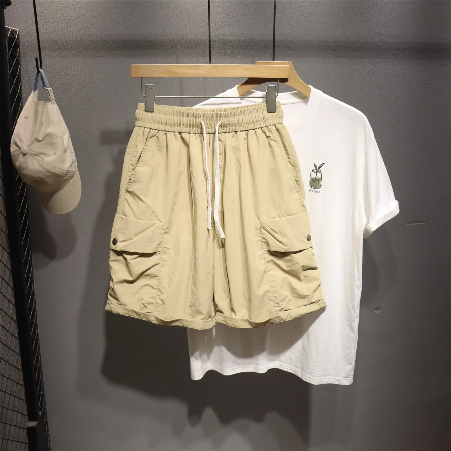 Loose Ice Silk Men's orts Qui Dry Sport Pants Elastic Waist Casual Five-Quarter Length Trendy Straight Leg Nylon Fabric