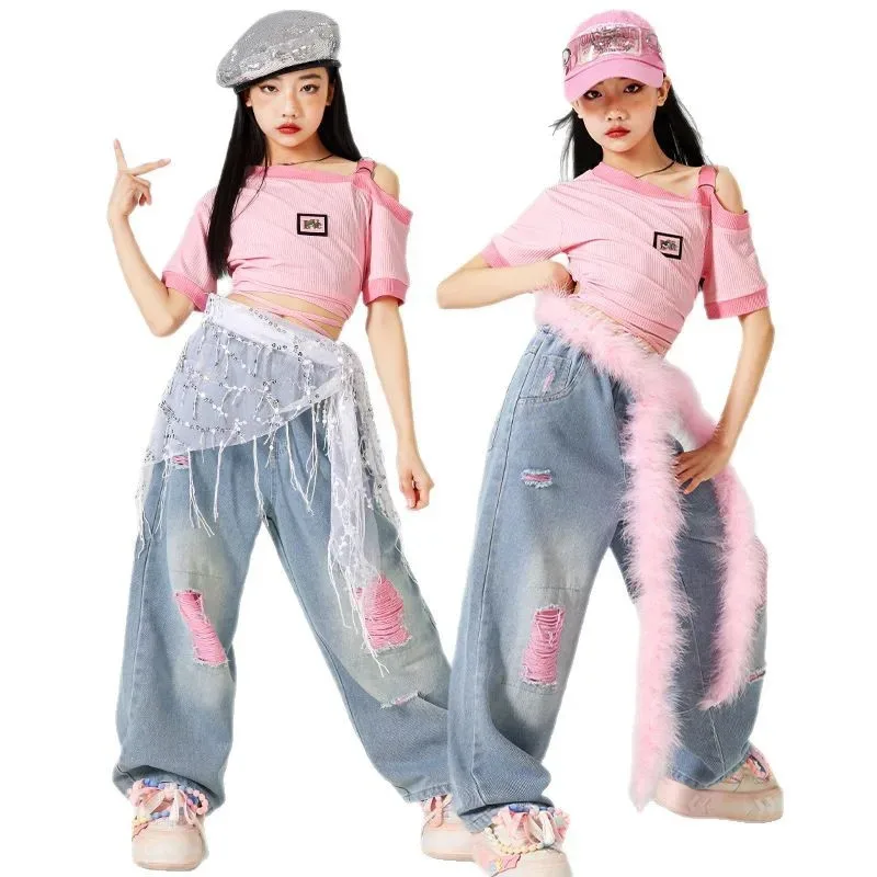

Girls K-pop Sweet Crop Top Pink Jeans Hip Hop Clothes Sets Kids Jazz Ripped Denim Pants Children Streetwear Street Dance Costume