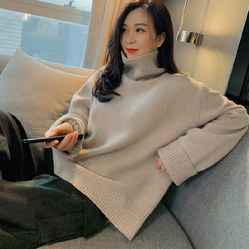 Turtleneck Cashmere Sweater for Women, Loose Padded Pullover, Knit Bottoming Shirt, Heavy Lazy Jun Mountain, Autumn and Winter