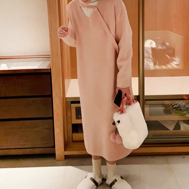 

Korean Women Solid V Neck Irregularity Full Sleeve Sweaters Dress Base Regular Knitted Loose Long Dresses Autumn Winter 2023