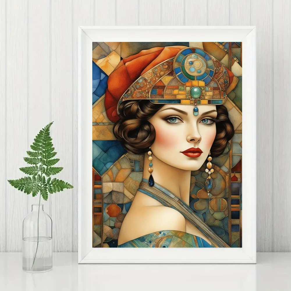 Elegant Woman 5D Full Round Diamond Painting Kits, Vintage Mid-Century Lady Cartoon Mosaic Embroidery, Cross-stitch, DIY Drills