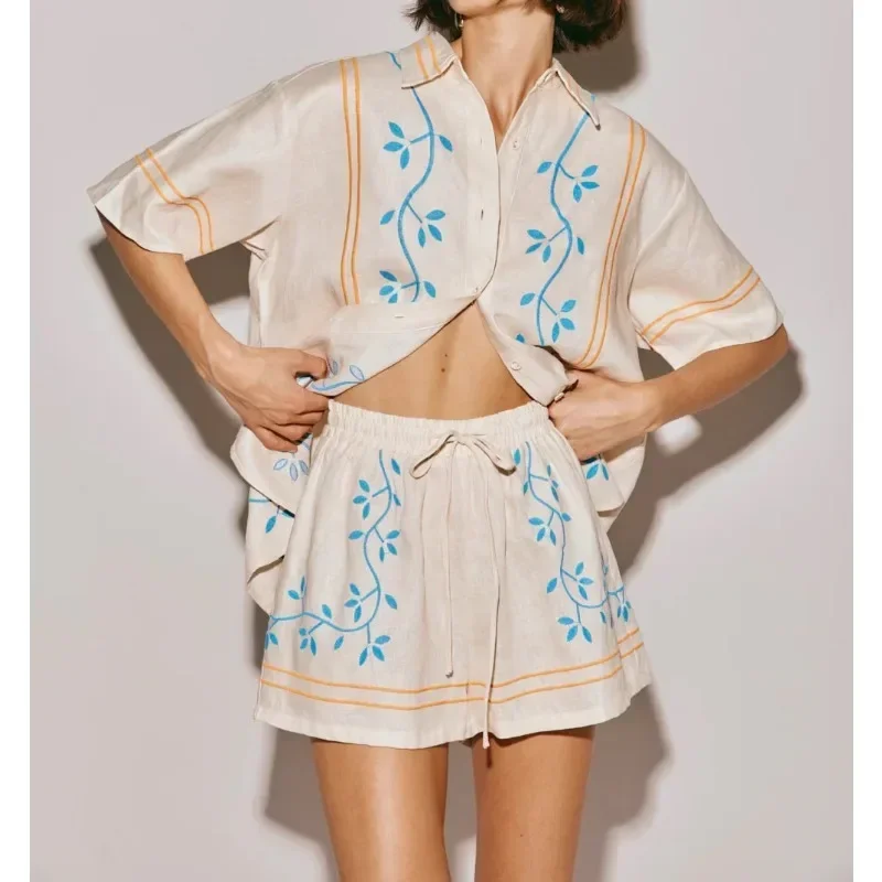 

Women's Cool Blue Vine Embroidery High Quality Line Half Sleeve Blouse Tops and Shorts Set for New Year 2025