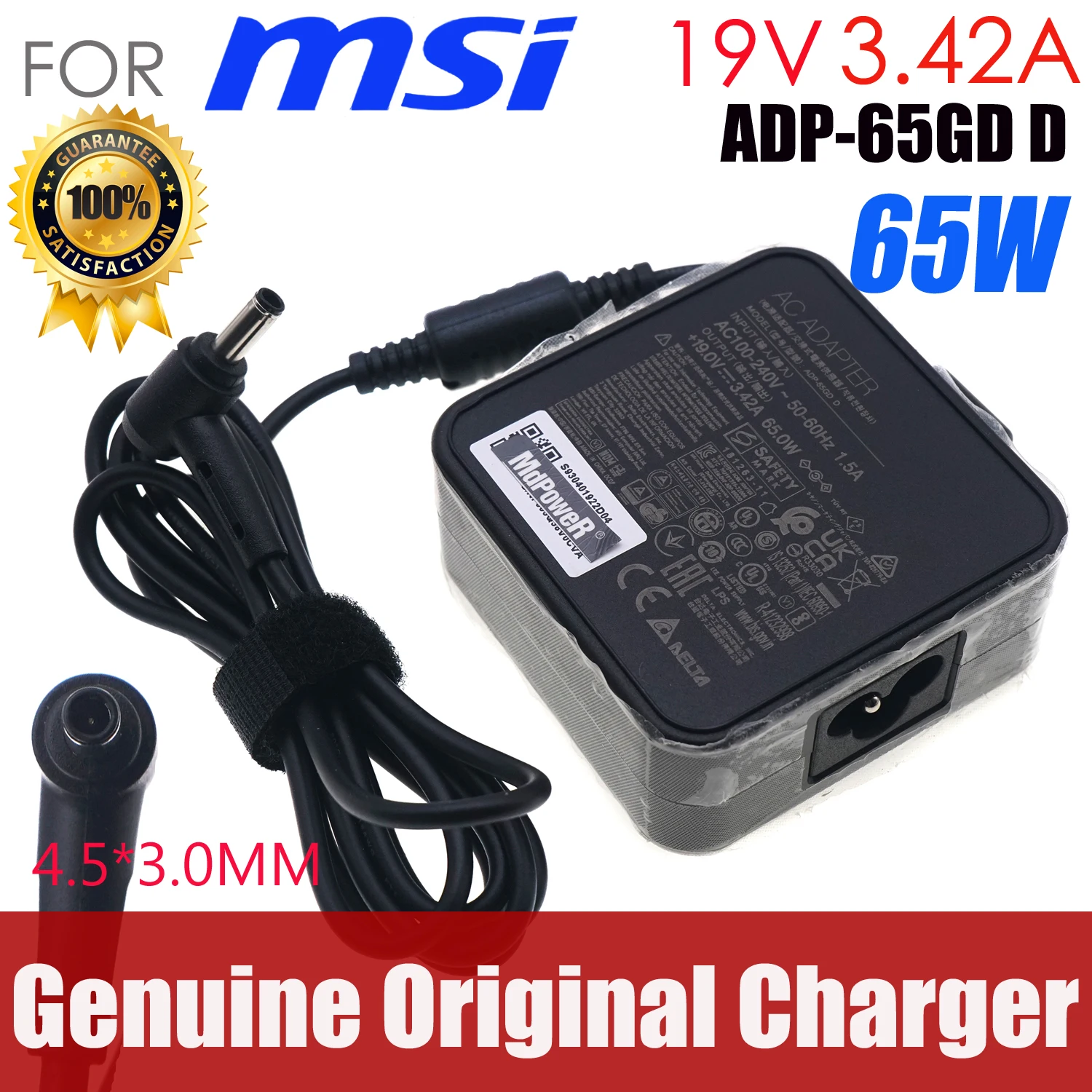 

Genuine DELTA ADP-65GD D AC Adapter 19V 3.42A 65W For MSI Modern 15 MS-1552 Modern 14 Laptop Charger S930401922D04 4.5x3.0mm OEM