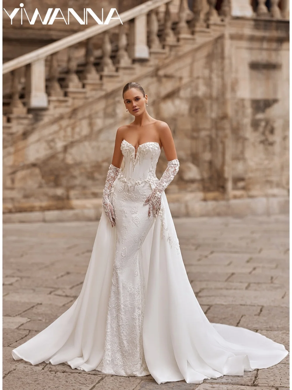 

White Shinny Beaded Wedding Dress With Detachable Train Handmade Floral Satin Bridal Gown Customized Mermaid Dresses For Bride