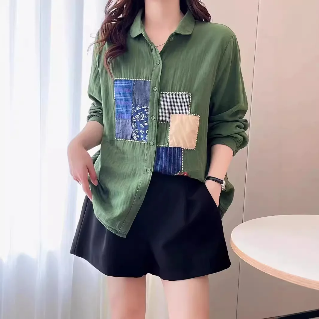 New Autumn Cotton Yarn Long Sleeve Shirt, Women Embroidery Patchwork Top, Mori Girl Fashion Loose Blouses, 2024 Winter T48826QM