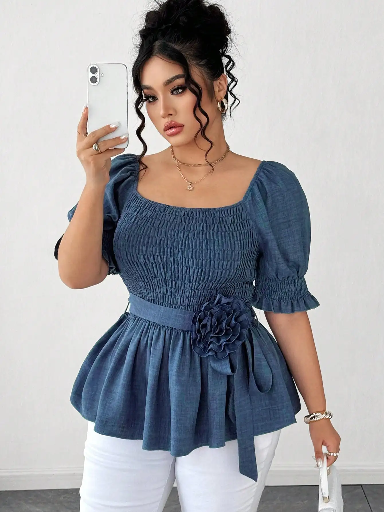 

Women Solid Square Neck Puff Sleeve Flounce Tie Waist Blouse With 3D Flower