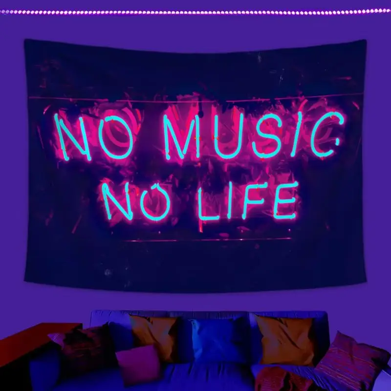 VIKAMA Music Quote Tapestry No Music No Life Neon Letter Graphic Wall Hanging Modern Aesthetic Gaming Bedroom Dorm Home Decor