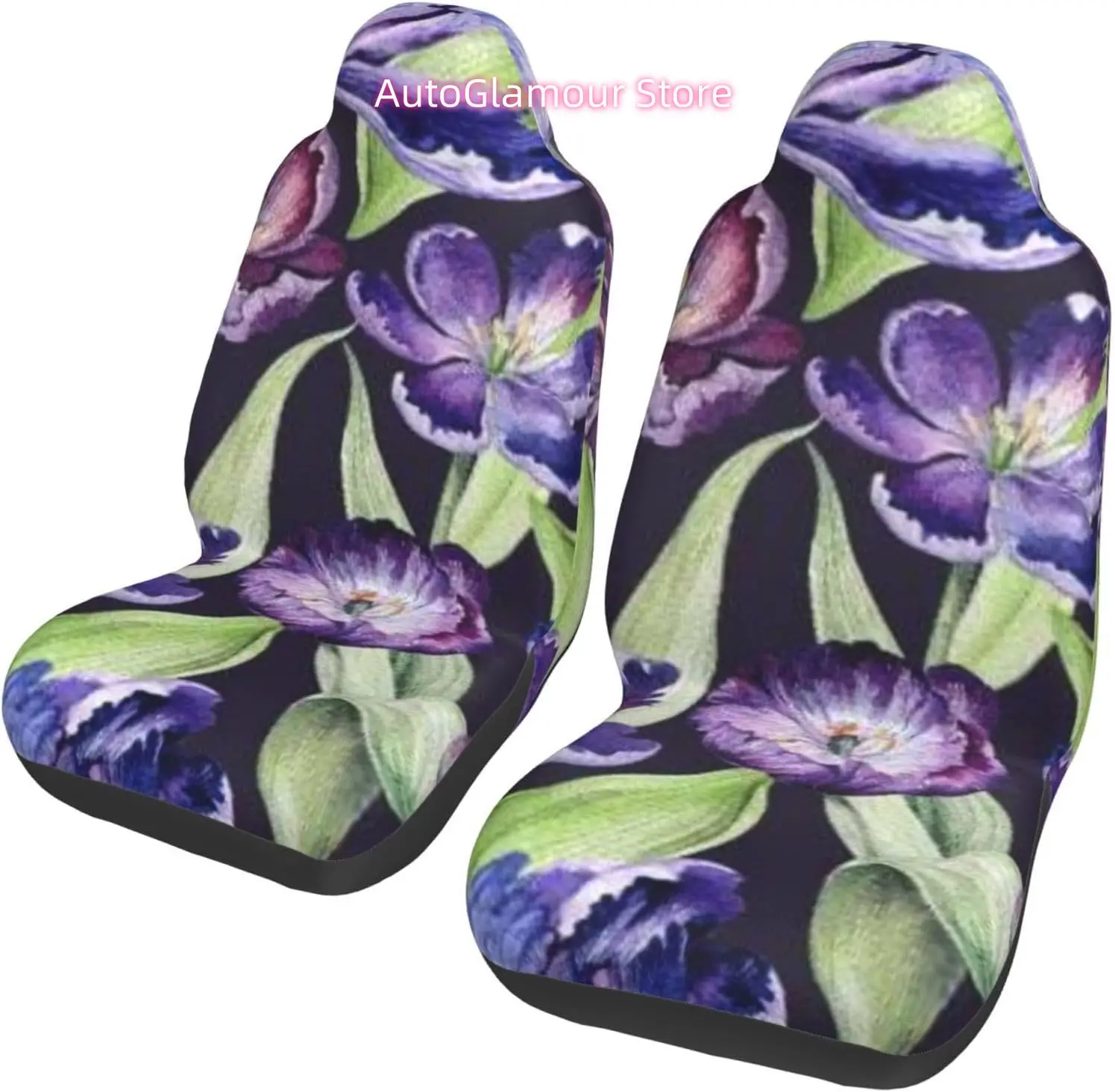 Watercolor Violet Tulip Purple Blossom Flowers Universal Car Seat Covers 2-Piece Set - Stretch-to-Fit Front Seat Protectors for