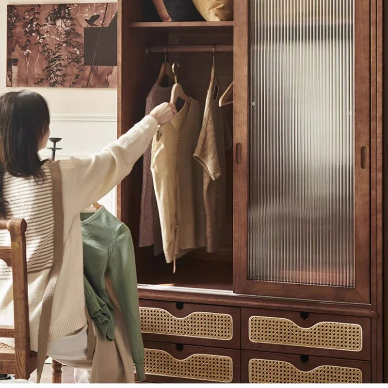 Rattan wardrobe combination small apartment household sliding door locker integrated against the wall