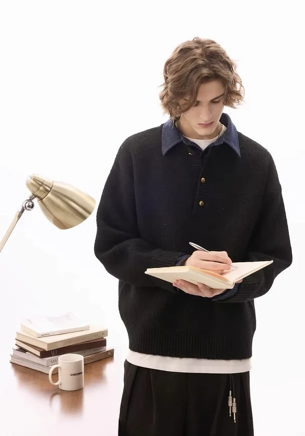 Winter new 100% cashmere fake two-piece sweater men's imitation denim shirt sweater