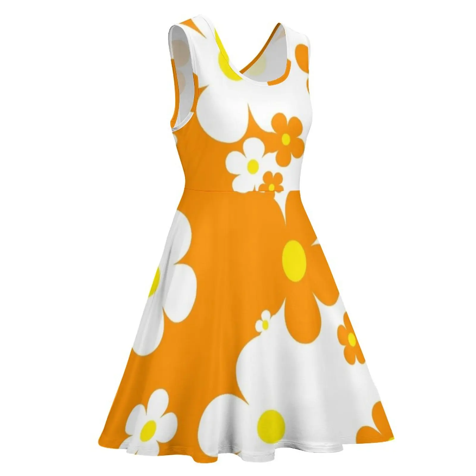 Vestido longo retrô pop feminino, flores pequenas em laranja e branco, moda praia, 60"