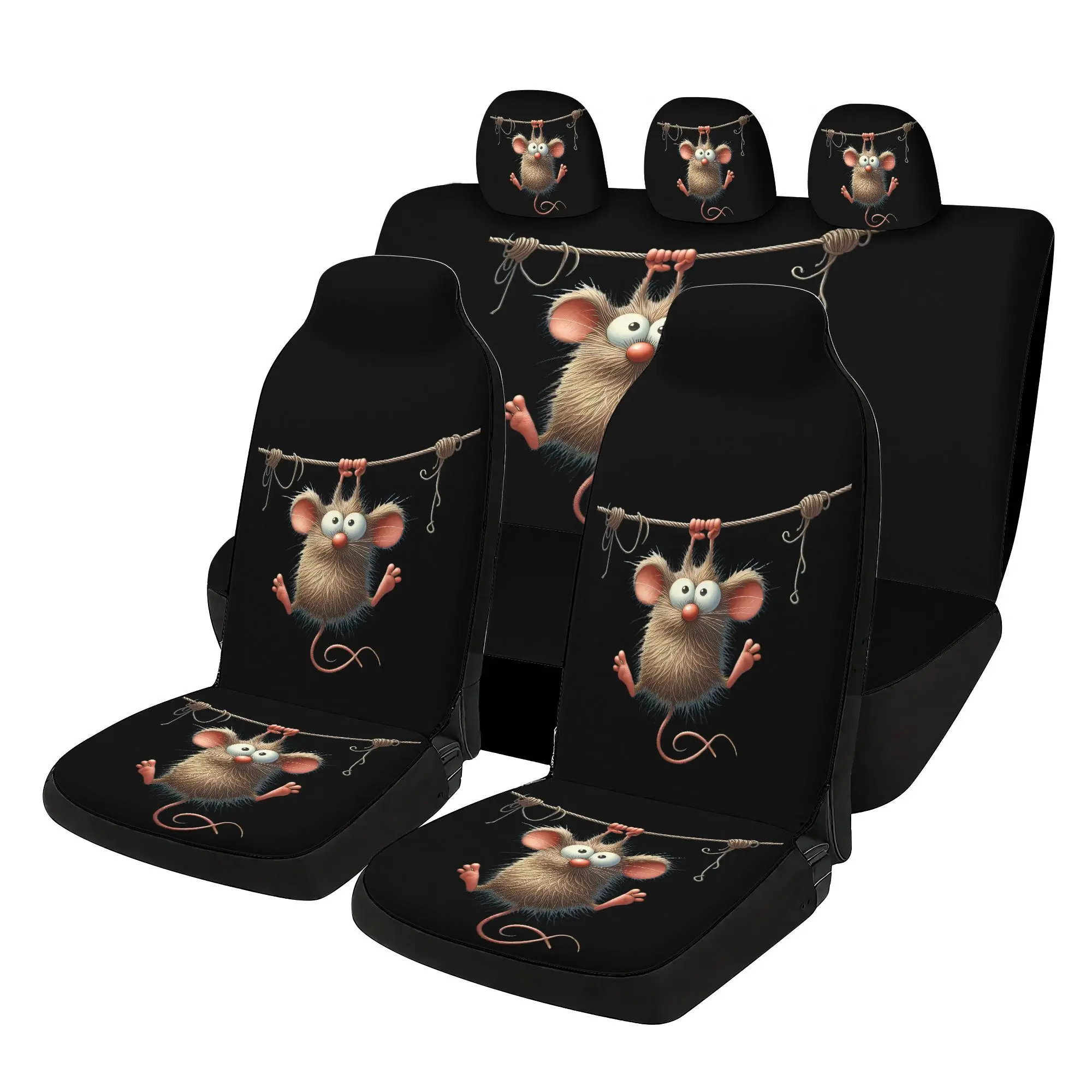 7pcs 2D Printed Lanyard Mouse Print Car Seat Covers Set, Includes 2 Front + 1 Rear Bottom Cushion + 1 Rear Backrest + 3 Headrest
