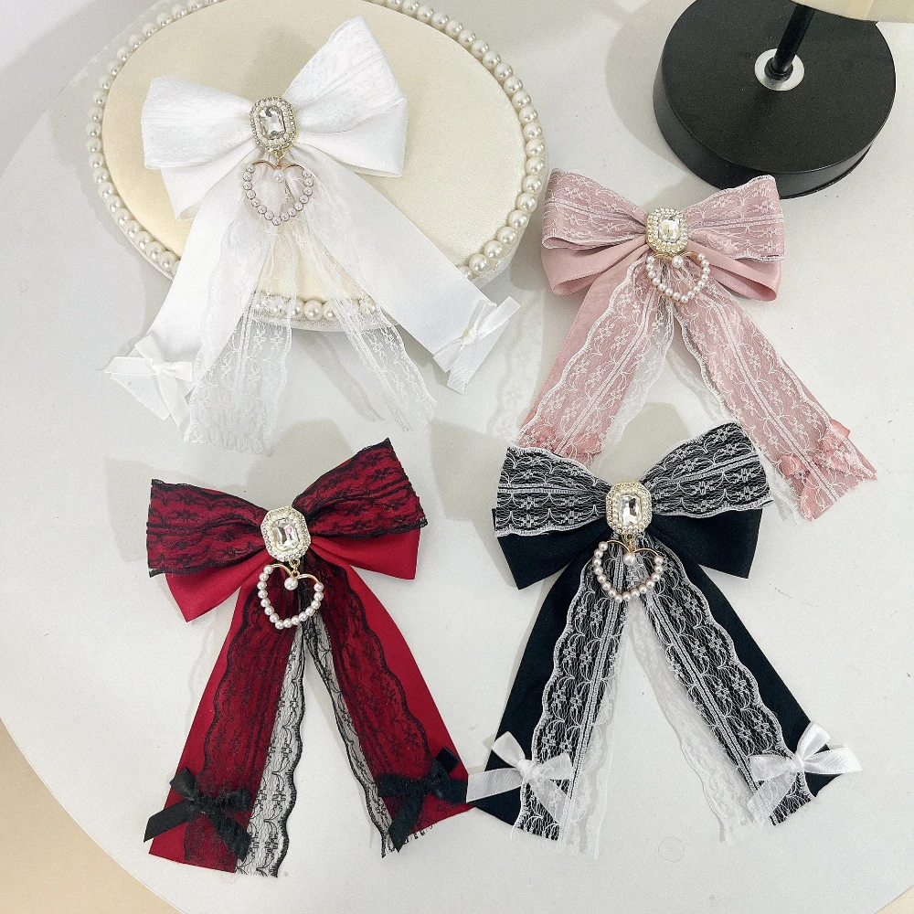 Handgefertigte Stoff-Spitzen-Bogen-Broschen für Frauen, Strass-Kristallband, Schleife, Hemdkragen, Anstecknadeln, Vintage-Schmuckzubehör