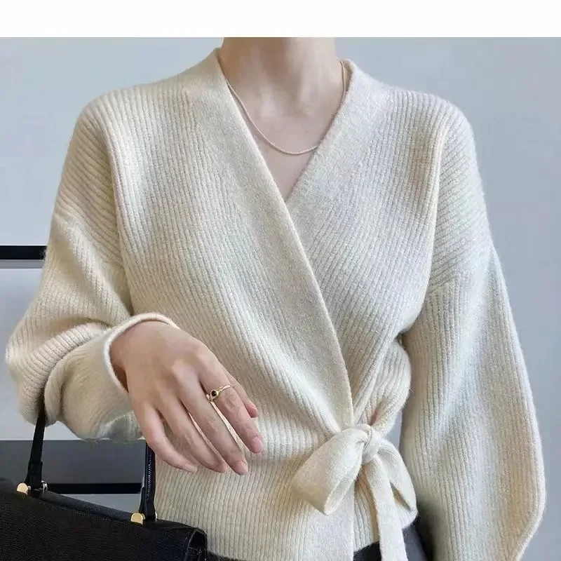 French Retro V-Neck Cardigan Coats for Women 2023 Autumn Lace Up Loose Knitwear Woman Lazy Style Waist Solid Long Sleeve Sweater