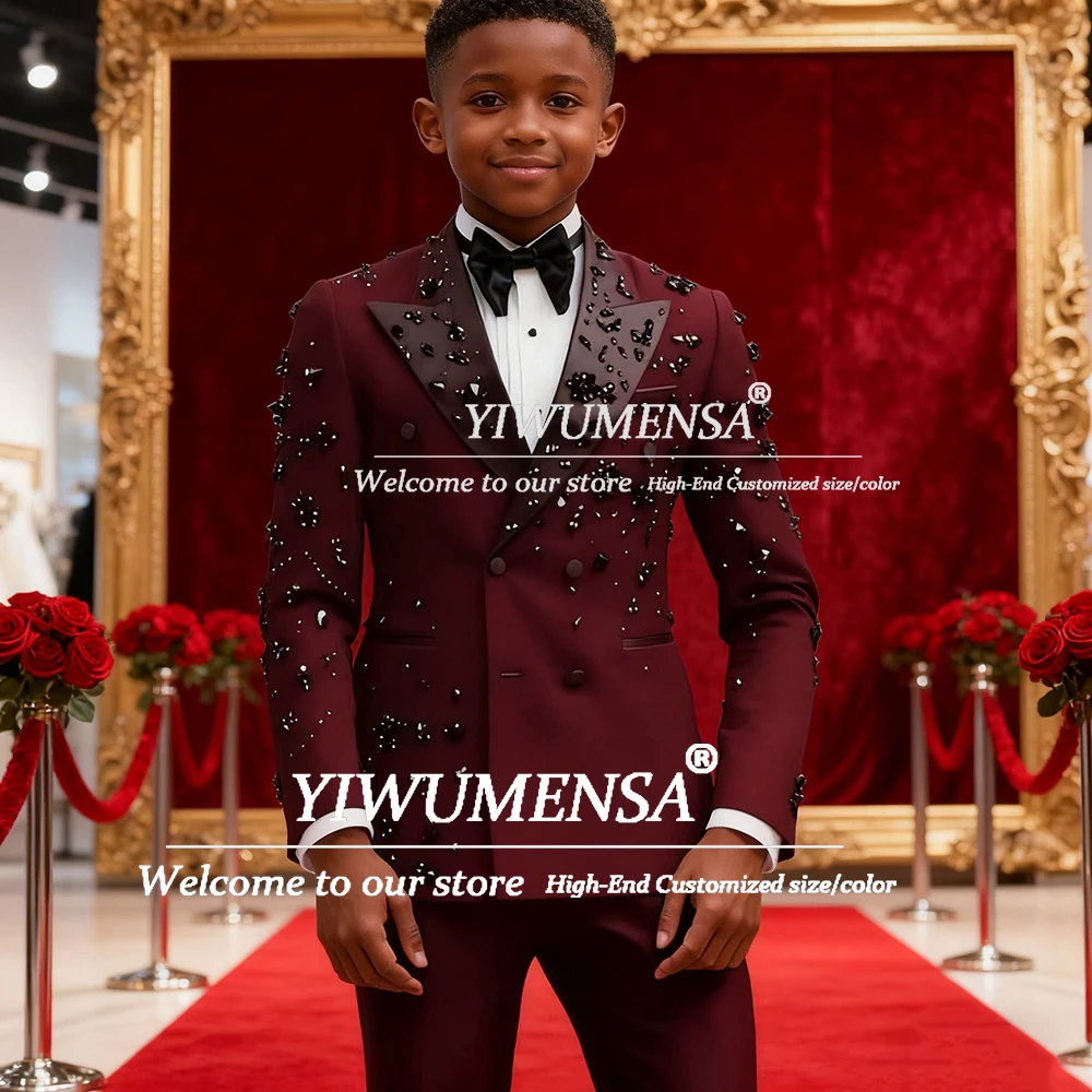 

Sparkling Rhinestone Beaded Suits For Boys 2 Pieces Sets Double Breasted Prom Blazer Customized Kids Formal Wedding Party Tuxedo
