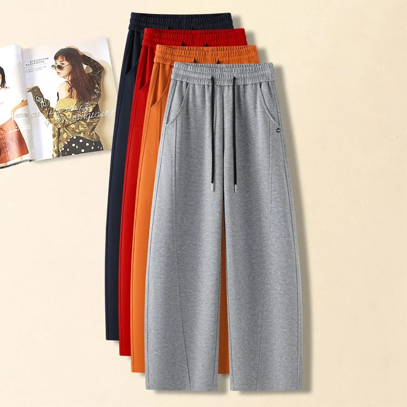 

Light gray Curved knife pants Women's Spring Autumn New High waisted Elastic Slimming Versatile Casual Hanging Wide leg pants