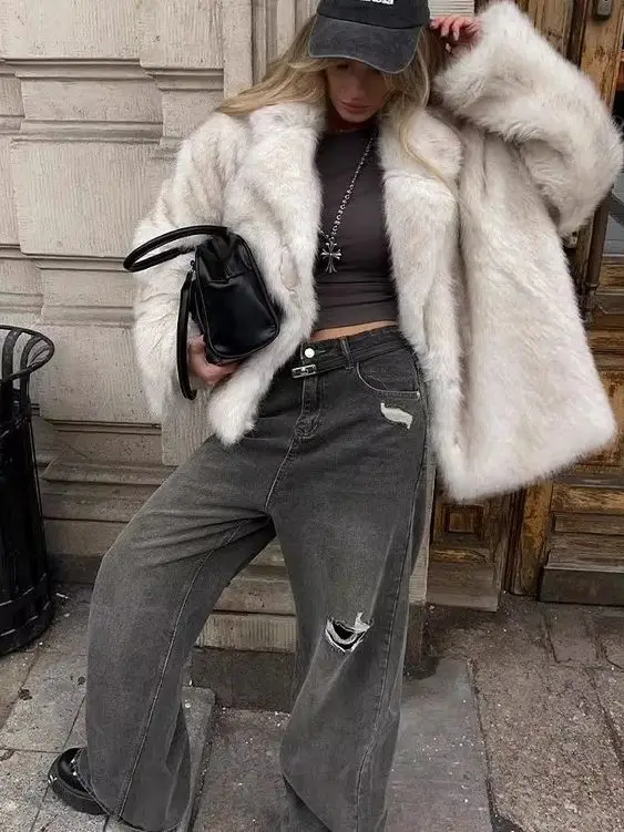 

Loose Women's Winter Faux Fur Coat Elegant Lapel Collar Long Sleeve Female Mink Fur Jaccket Fluffy Fashion Dailylady Fur Jackets