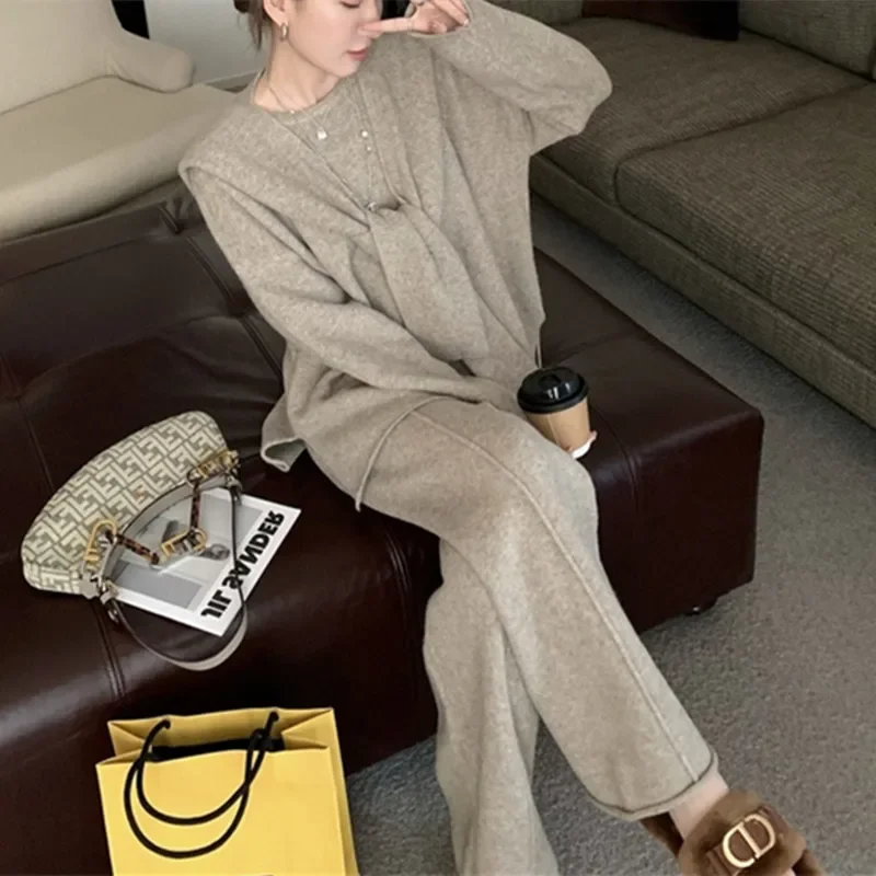 Autumn Winter Women\'s Knitted Sweater and Pants Set French Casual Solid Color Shawl Pullover Sweater Trousers 2pcs Matching Set