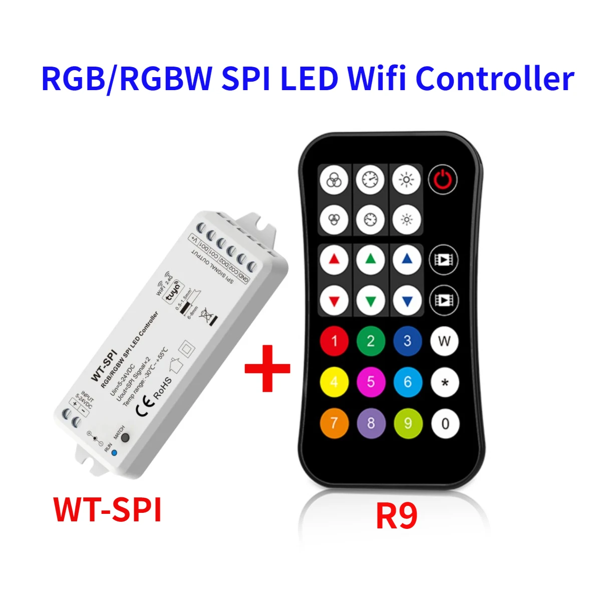 WT-SPI Tuya 5V-24VDC 12V 2,4G RF SPI LED Wifi controlador R9 remoto para WS2811 WS2812 WS2815 UCS1903 Pixel RGB/RGBW tira de LED
