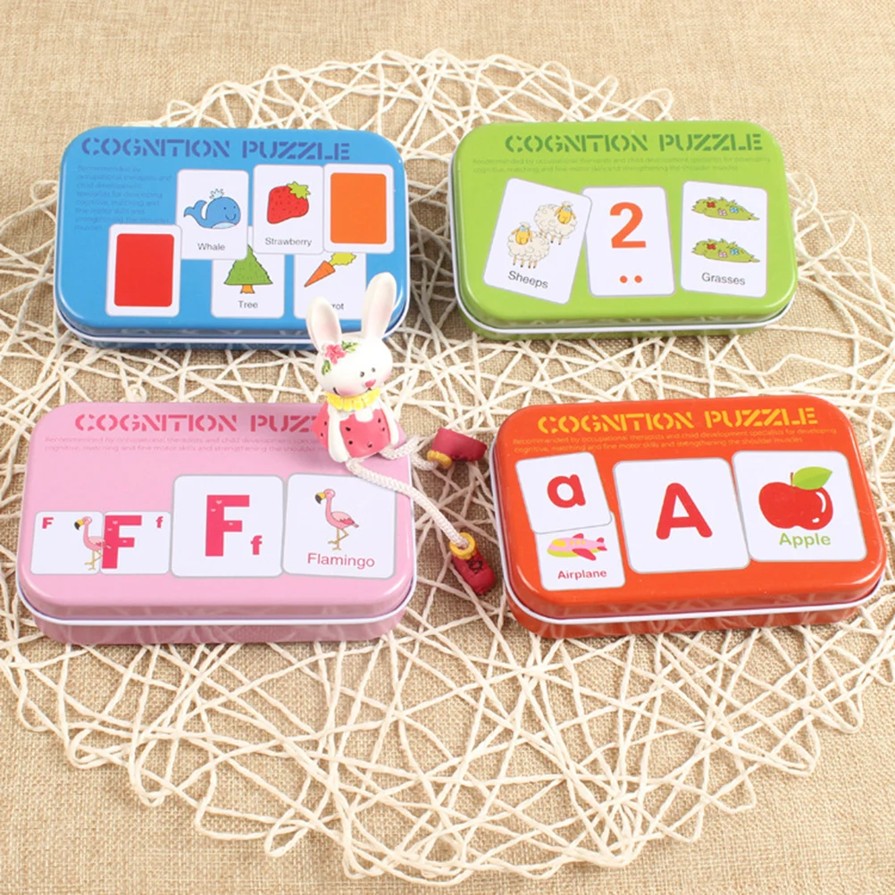 32 pz 1 Set Bambini Alfabetizzazione Puzzle Board Scatola di latta Giocattoli educativi Apprendimento precoce Gioco cognitivo Carta di riconoscimento della forma blu