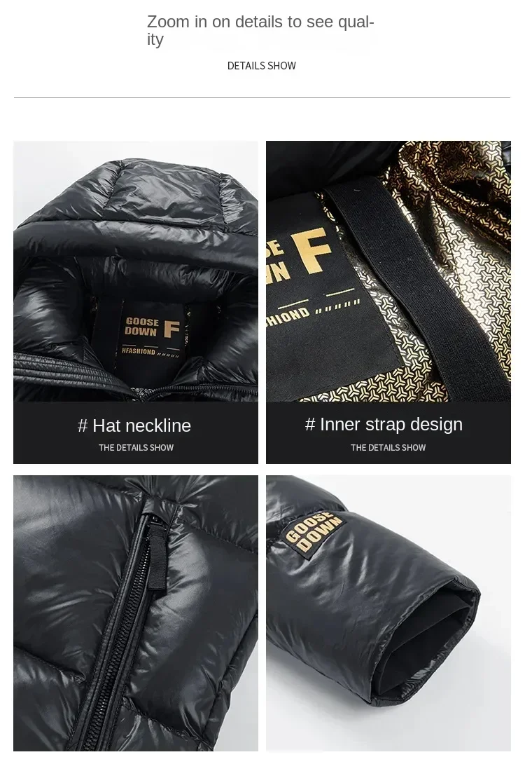 Casaco longo à prova de frio masculino, 90% jaqueta Goose Down, casaco com capuz quente, unissex, leve, luxo, preto, dourado,-30 ℃, inverno