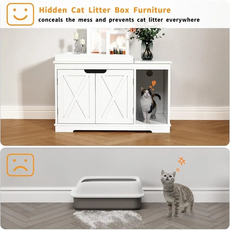 Flip Top กล่องครอกแมว Enclosure ครอบคลุมกล่องครอกซ่อนเฟอร์นิเจอร์ไม้แมวห้องน้ําตู้สําหรับ Kitty ขนาดกลางและขนาดใหญ่