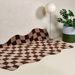 Living Room Carpet Bedroom Bedside Decor Floor Mat Irregular Shape Loop Pile Rug Classic Retro Plaid Style Home Decoration Rugs