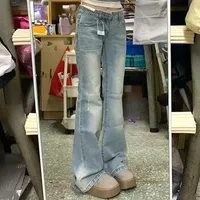 Low Waist Bell Bottom Jeans Women's plus Size Lace Trim Slim Fit Horse Hoof Wide Leg Straight Long Pants