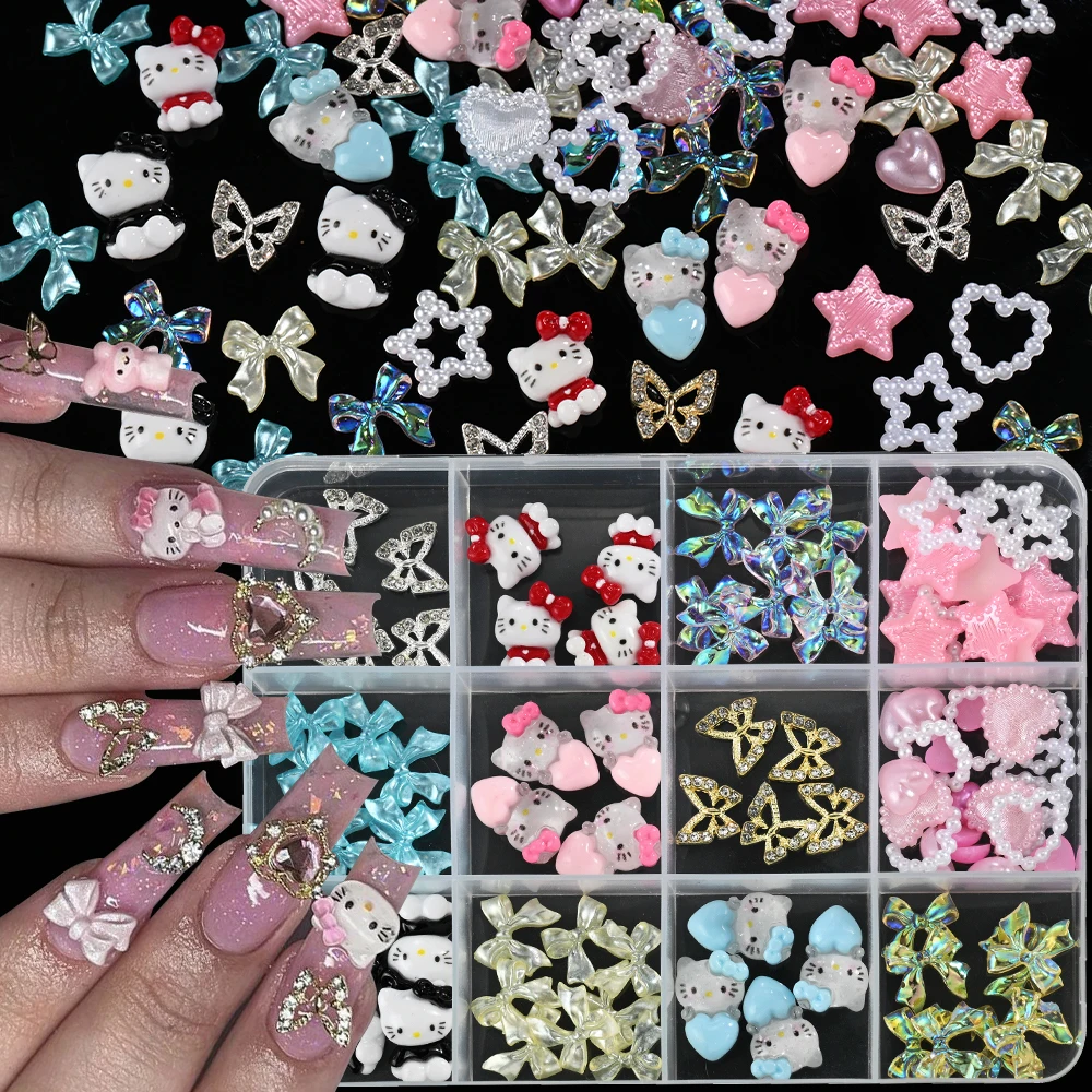 

12Grids/Box Resin Hello Kitty Bow Nail Charms Red Strawberry Cherry Alloy Butterfly Rhinestones Nail Decorations Manicure Parts