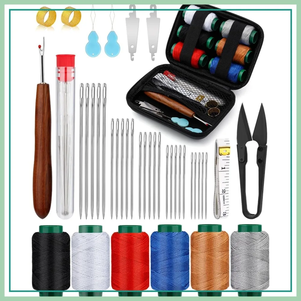 

40 Pcs Sewing Kit with Steel Needles, Threads, Thimbles & Seam Rippers for Clothing Repair (6-Color Upholstery Thread)