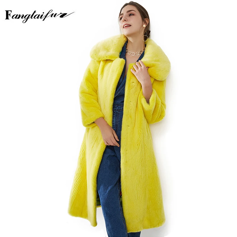 Ftangaiur Winter Import Velvet Mink Fur Coat Long Sleeve Women Turn-Down Collar Pure Color X-Long Natural Mink Fur Coats