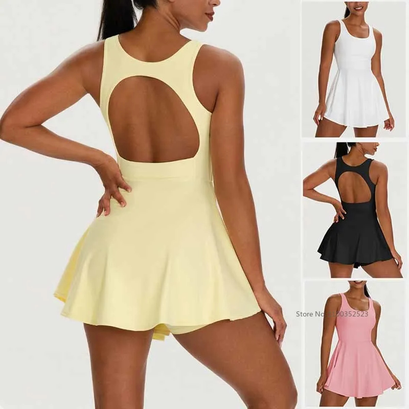 New Tennis Dress with Shorts Pocket Women Hollow Out Backless Sport Outfit Sleeveless Gym Short Dress with Bra Fitness Yoga Set