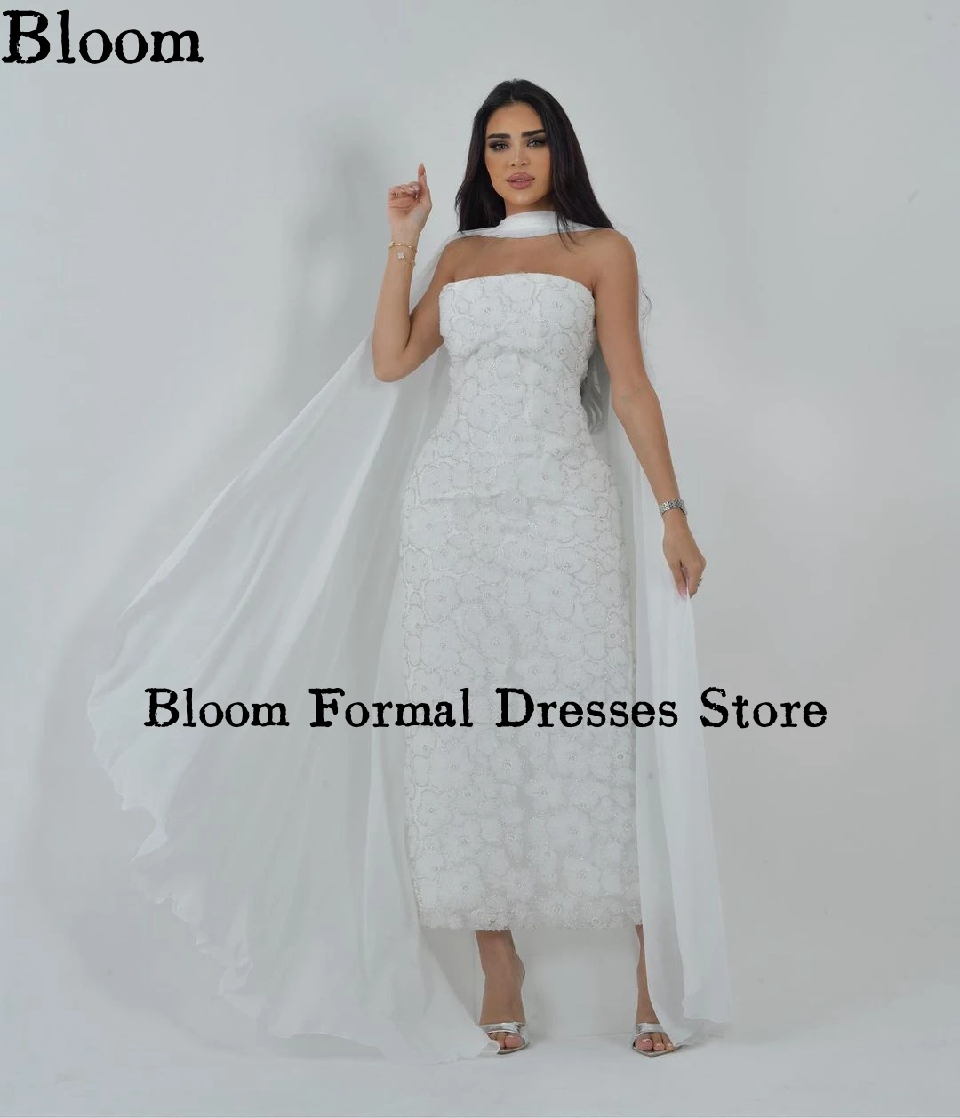 

Arabia Strapless White Prom Dresses With Cape Beads Appliques Elegant Evening Dresses Wedding Party Dress vestidos de gala