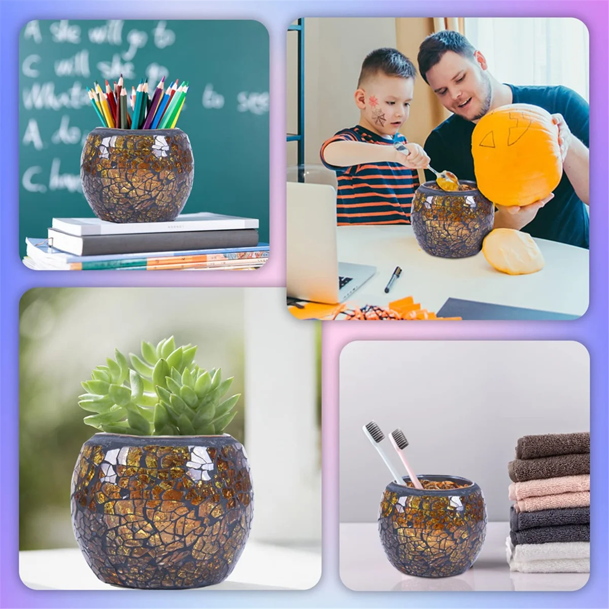 ABXHH Portacandele in vetro a mosaico/portacandele/vaso/portapenna, candela romantica fatta a mano in vetro spezzato