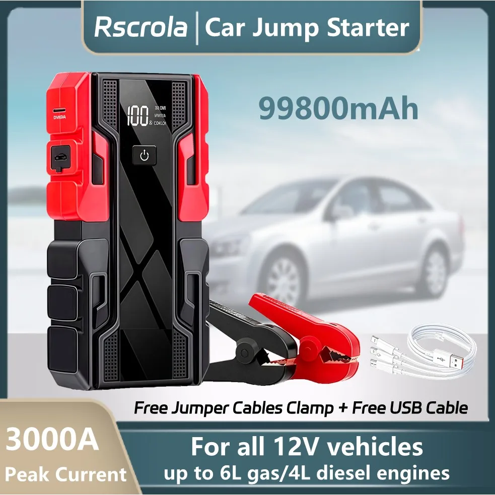 

Rscrola 12V Car Jump Starter 3000A, Portable Car Battery Jump Starter with Jumper Cables, 99800mAh Power Bank with 3 Flashlight