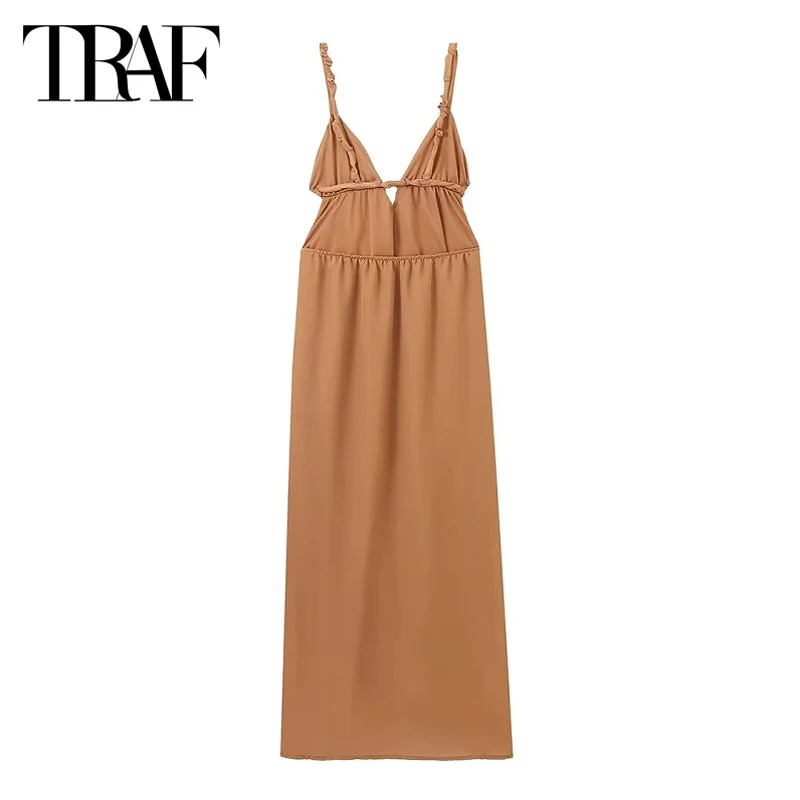 TRAF Long Dresses 2024 Summer Women\'s Sexy Elegant Party Beach Midi Slip Dress Ladies Fashion Casual Backless Khaki Dresses