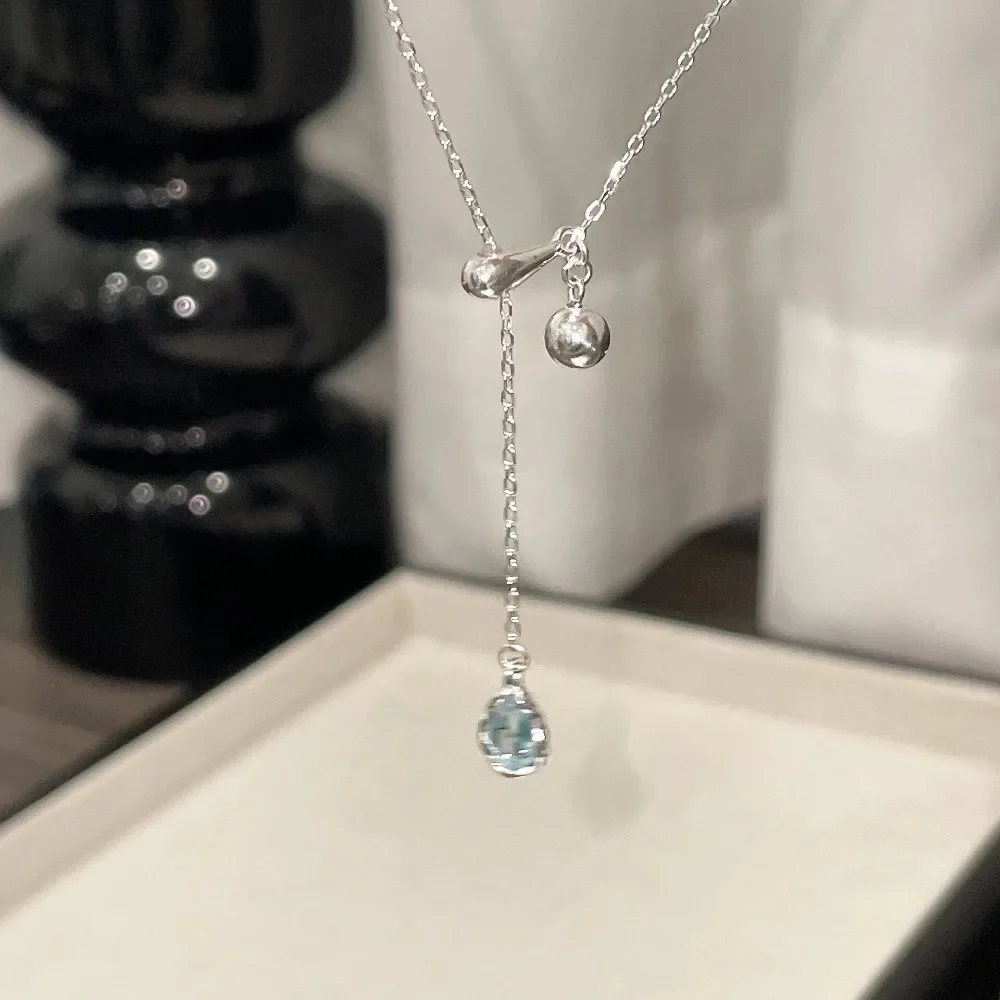 Retro S925 Sterling Silver Necklace with Aquamarine Water Droplet Pulling Adjustable Small Fresh Sweet Collar Chain Gifts Girls