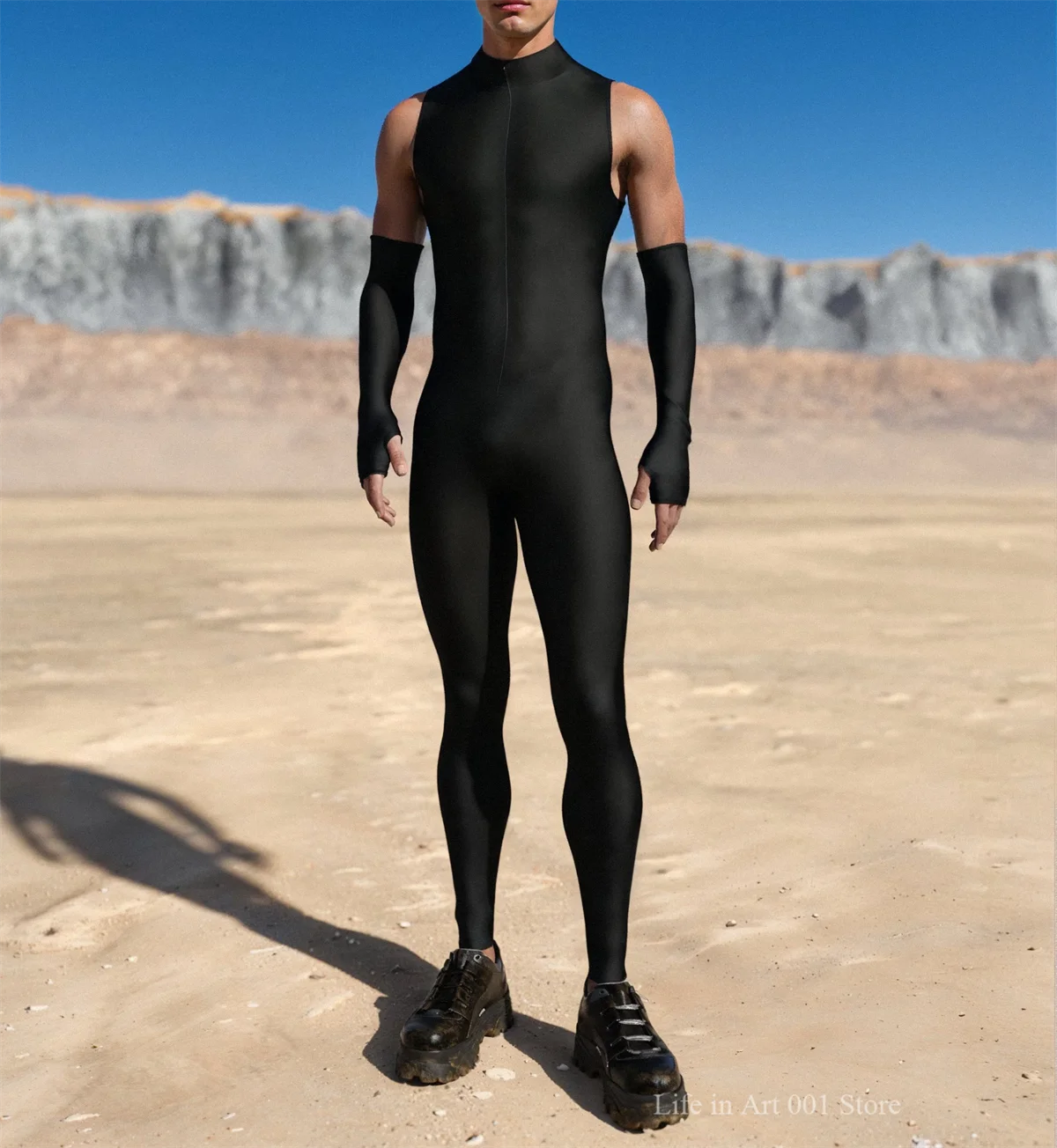 بدلة قطعة واحدة بدون أكمام للرجال والنساء باللون الأسود النقي بدلة تنكرية لحفلات الهالوين بدلة حفلات الهذيان مع قفازات متطابقة