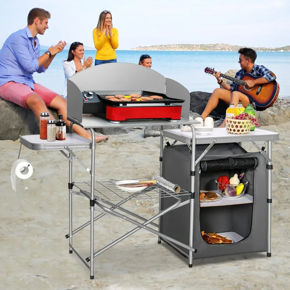 Aluminum Portable Camping Kitchen, Folding Cooking Table with 26