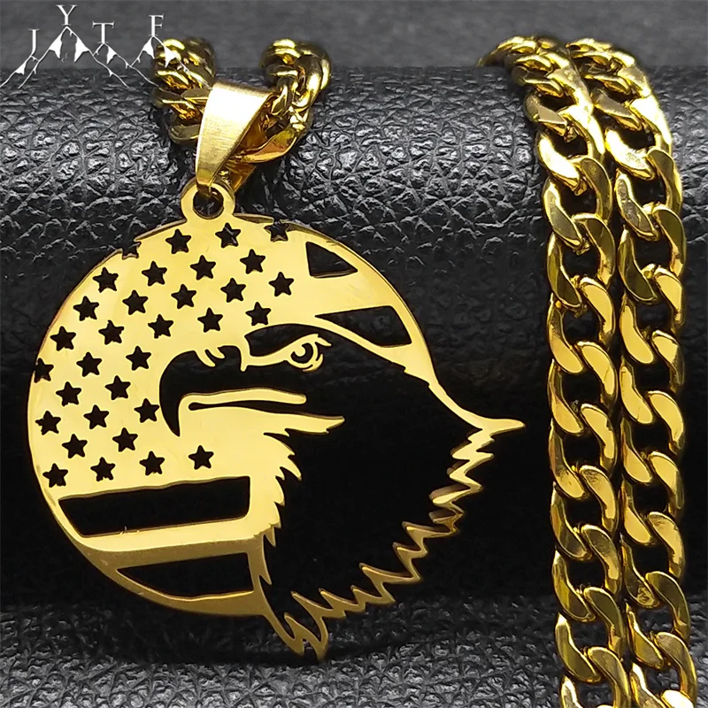 United States USA American Flag Bald Eagle Necklace for Men Women Stainless Steel Gold Color Hollow Necklaces Jewelry Gift N3221