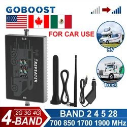 GOBOOST 4 band Cellular Amplifier For Car Use Cell Phone Signal Booster 2g 3g 4g 700 850 1700 1900 MHz Network Signal Repeater