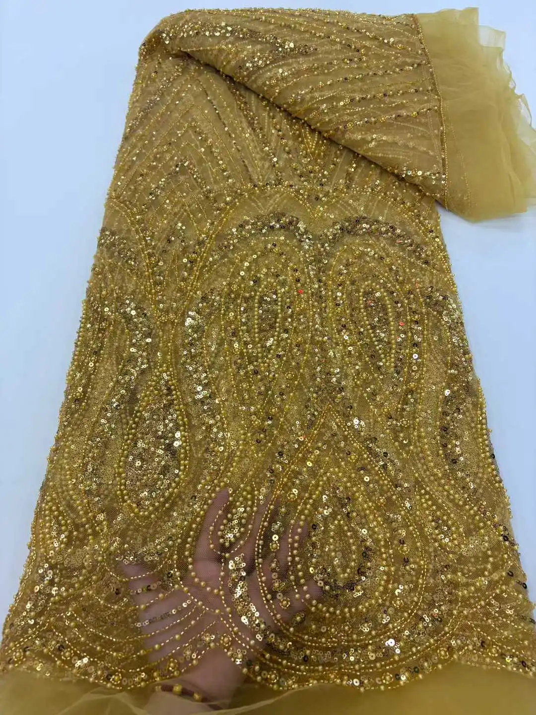 

Luxury French Beaded Tulle Lace Fabric 2025 High Quality African Mesh Sequins Lace Fabric Party Dresses Sewing Material 5 Yards